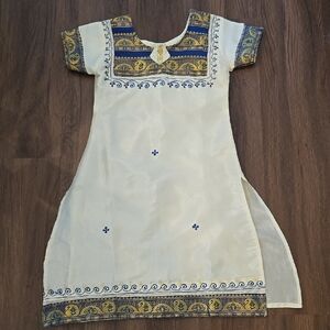 Elegant Cream, Gold and Blue Saree with Matching Pants and Scarf